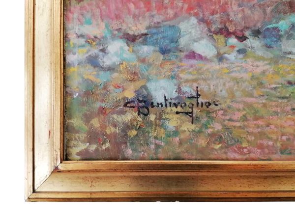 Cesare Bentivoglio - Dipinto ad olio di grandi dimensioni - Bosco, con scorcio delle Dolomiti - Dettaglio della firma dell'autore