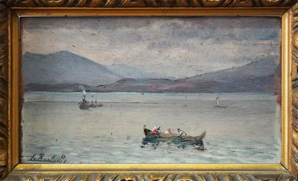 Leopoldo Burlando: panorama sul lago, olio su tavoletta - Dettaglio dell'opera