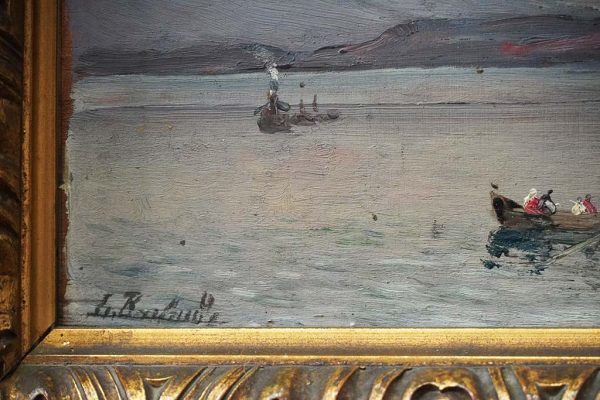 Leopoldo Burlando: panorama sul lago, olio su tavoletta - Dettaglio della firma dell'opera
