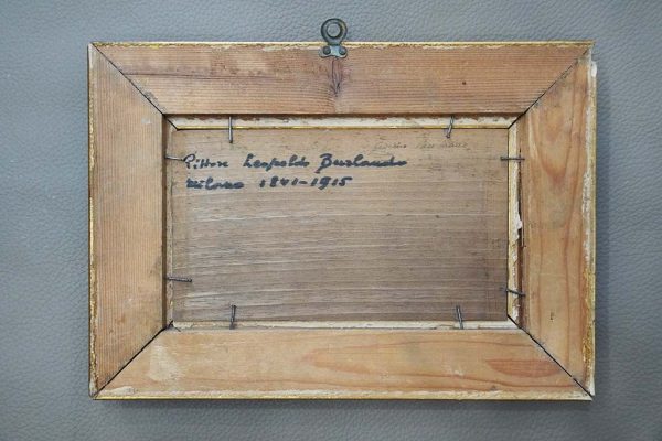 Leopoldo Burlando: panorama sul lago, olio su tavoletta -Retro dell'opera