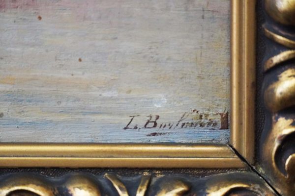 Leopoldo Burlando: San Marco a Venezia dalla laguna, olio su tavoletta - Particolare della firma