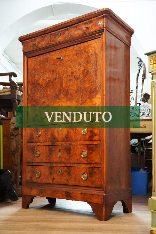 Secretaire Carlo X in radica di noce ed intarsi - Immagine principale - VENDUTO